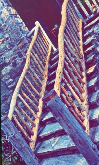 A pair of locust handrails with ladder balusters running down a stone staircase